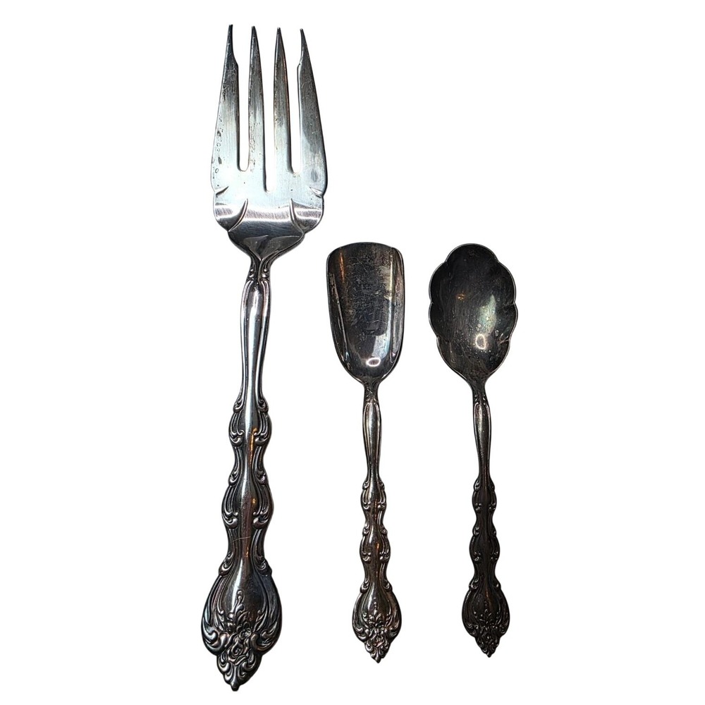 International Silverplate 3pc Serving Set Meat Fork Sugar Shell Butter Knife A6